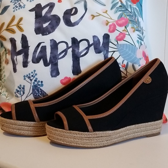 Tory Burch Majorca Peep-Toe Canvas Wedge - Picture 1 of 9